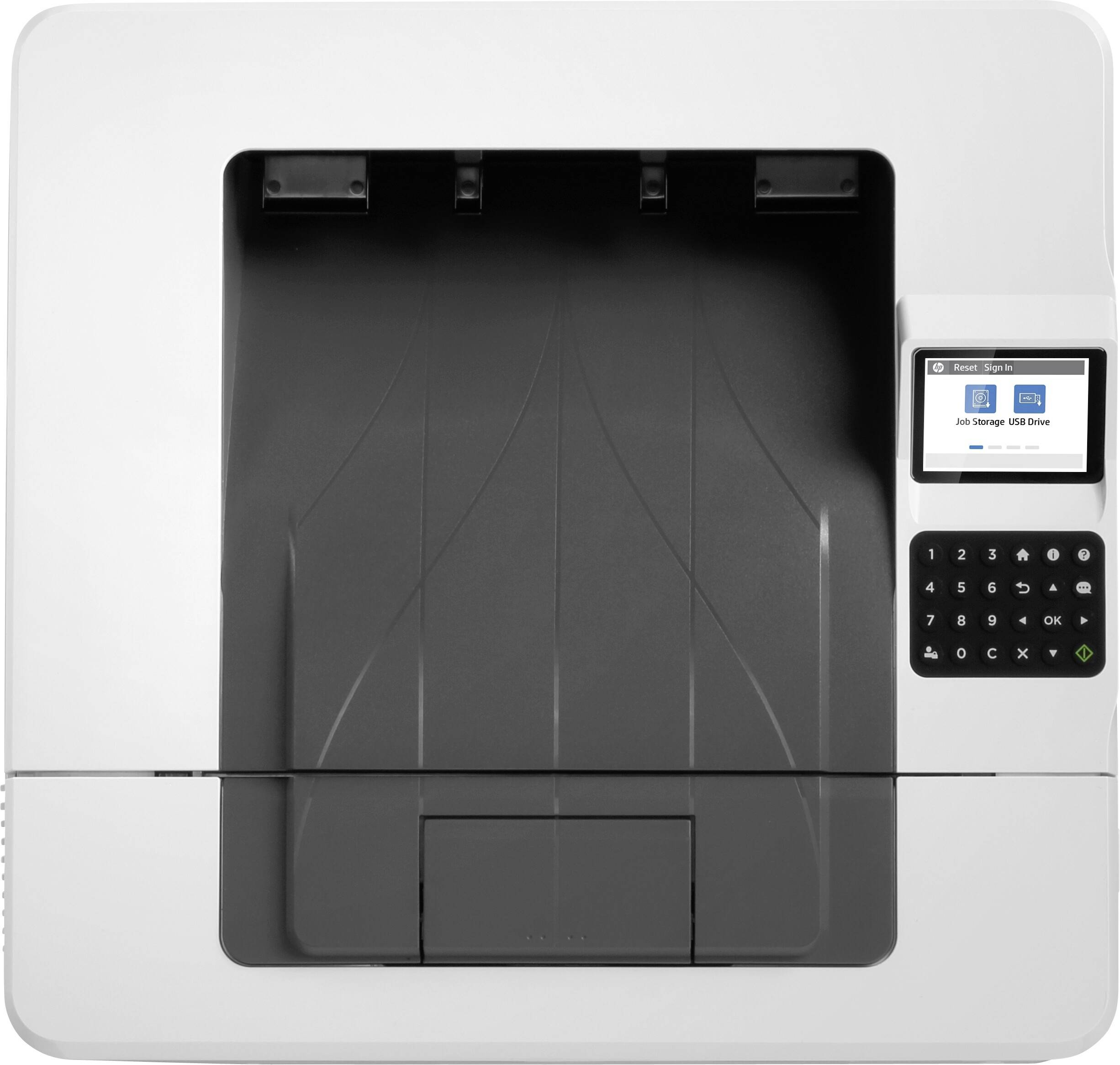 Een printer van bovenaf gezien met een display waarop 'Job Storage USB Drive' staat en een numeriek toetsenbord aan de rechterkant van het apparaat.