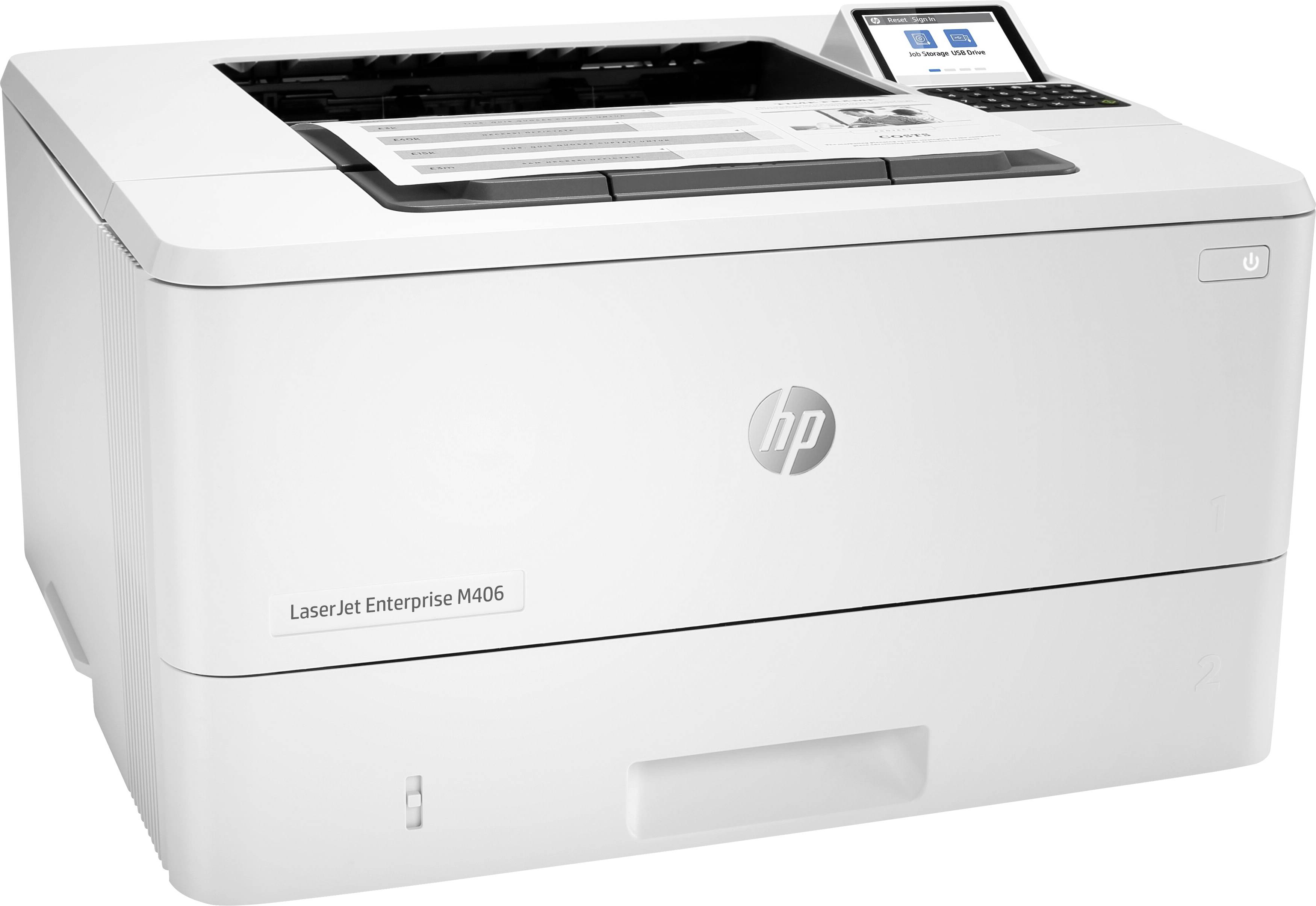 Een witte laserprinter met een display rechtsboven, toont het logo van een bekende merknaam.