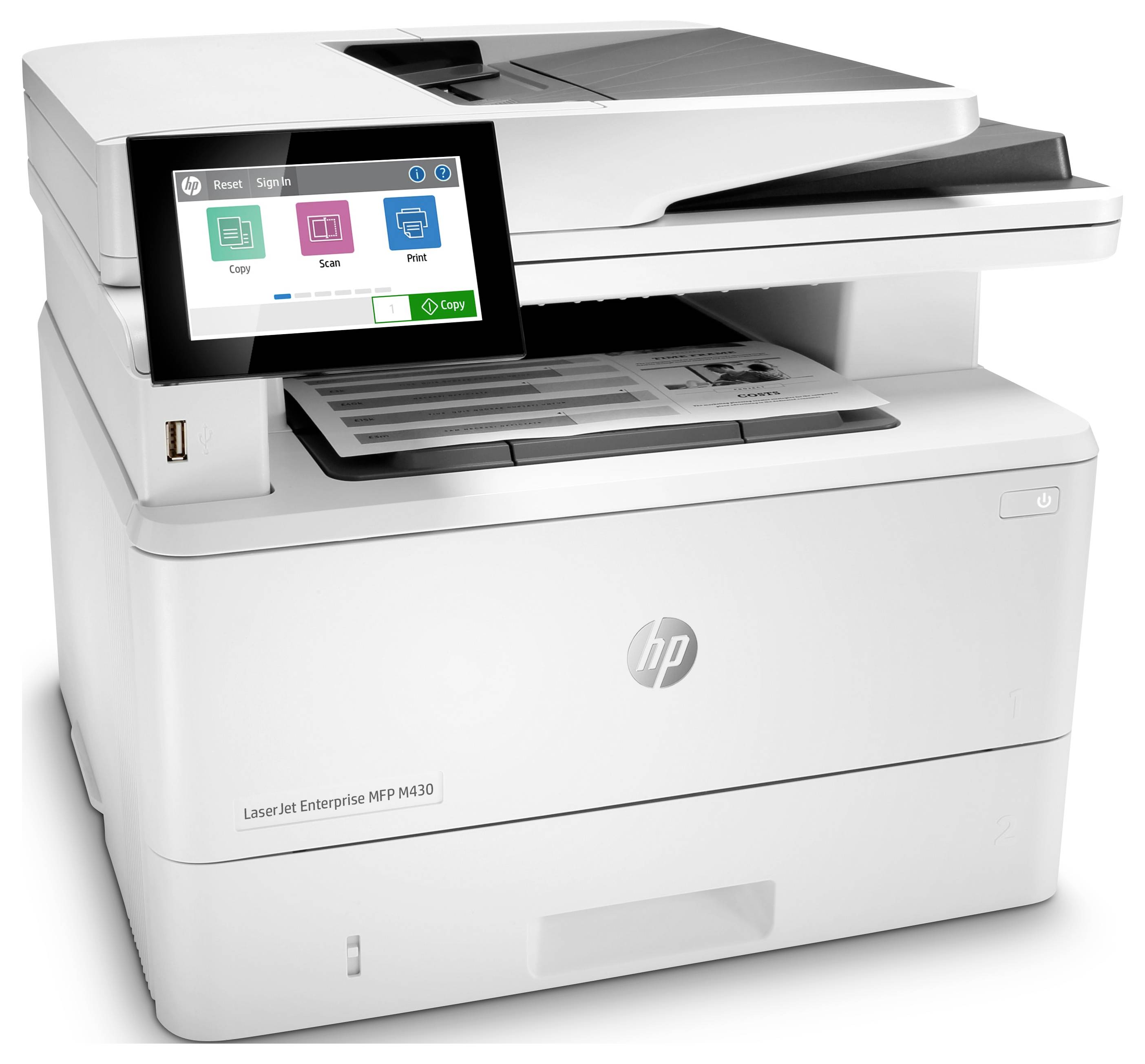 Witte HP LaserJet Enterprise MFP M430 multifunctionele printer met touchscreen met Copy-, Scan- en Print-opties.
