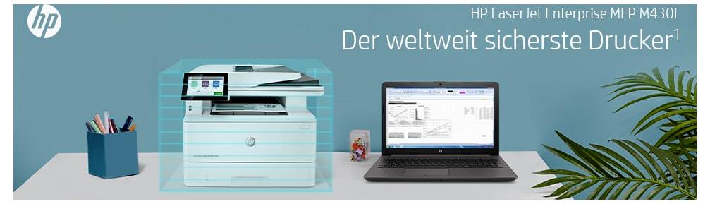 HP-advertentie met een veilige printer naast een laptop, met als kop 'De wereldwijd veiligste printer' en een HP LaserJet Enterprise MFP M430f-label.