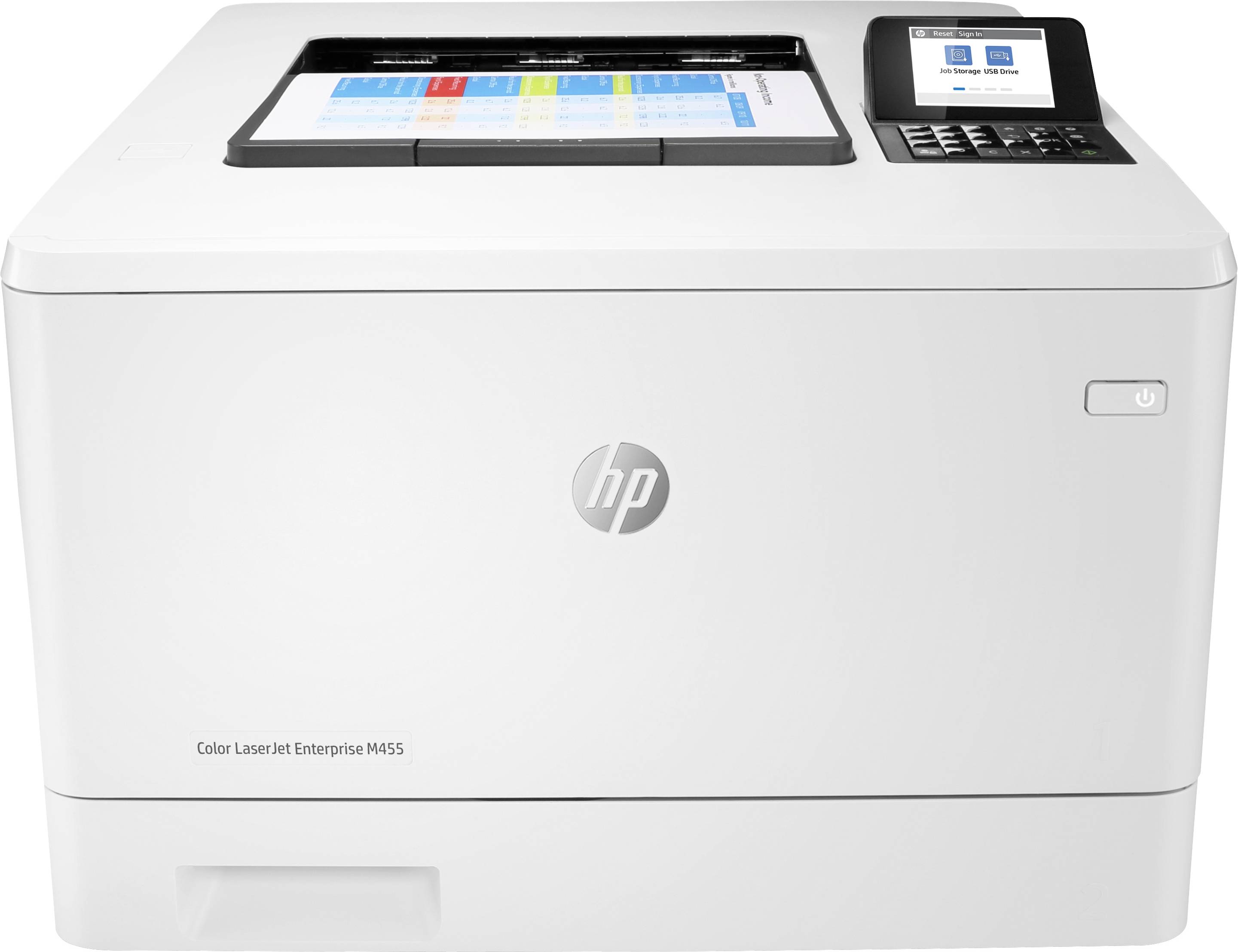 Witte HP Color LaserJet Enterprise M455 printer met touchscreen bedieningspaneel en voorkant aan/uit-knop gezien van voren.