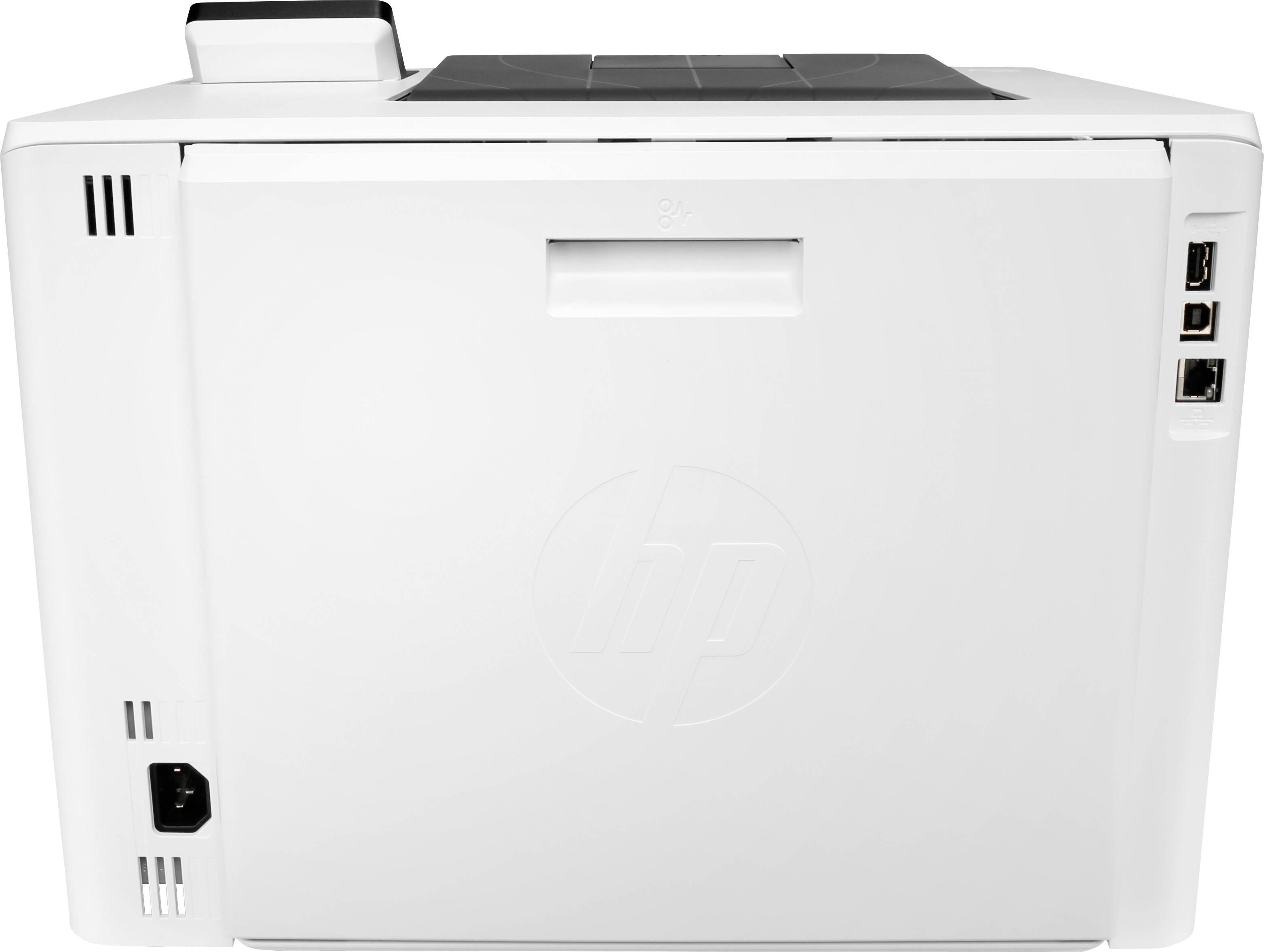 Een witte printer met meerdere aansluitingen aan de achterkant, waaronder USB- en netwerkaansluitingen.