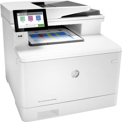Een witte multifunctionele printer met een touchscreen-display waarop menu-opties zoals kopiëren, scannen en afdrukken worden weergegeven. Papierbak geopend.