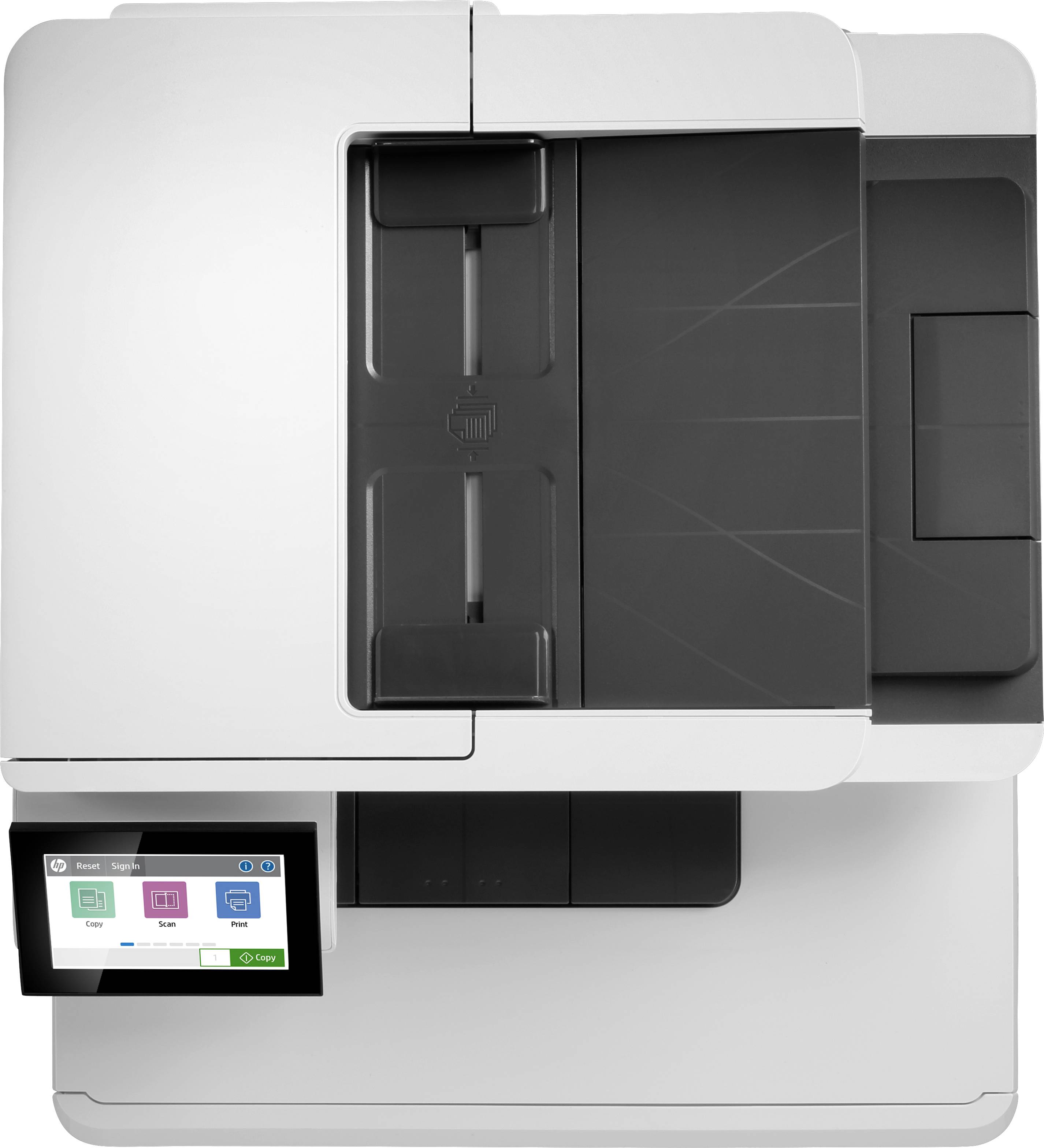 Een moderne printer met een touchscreen-display toont twee knoppen: 'Kopiëren' en 'Scannen'.