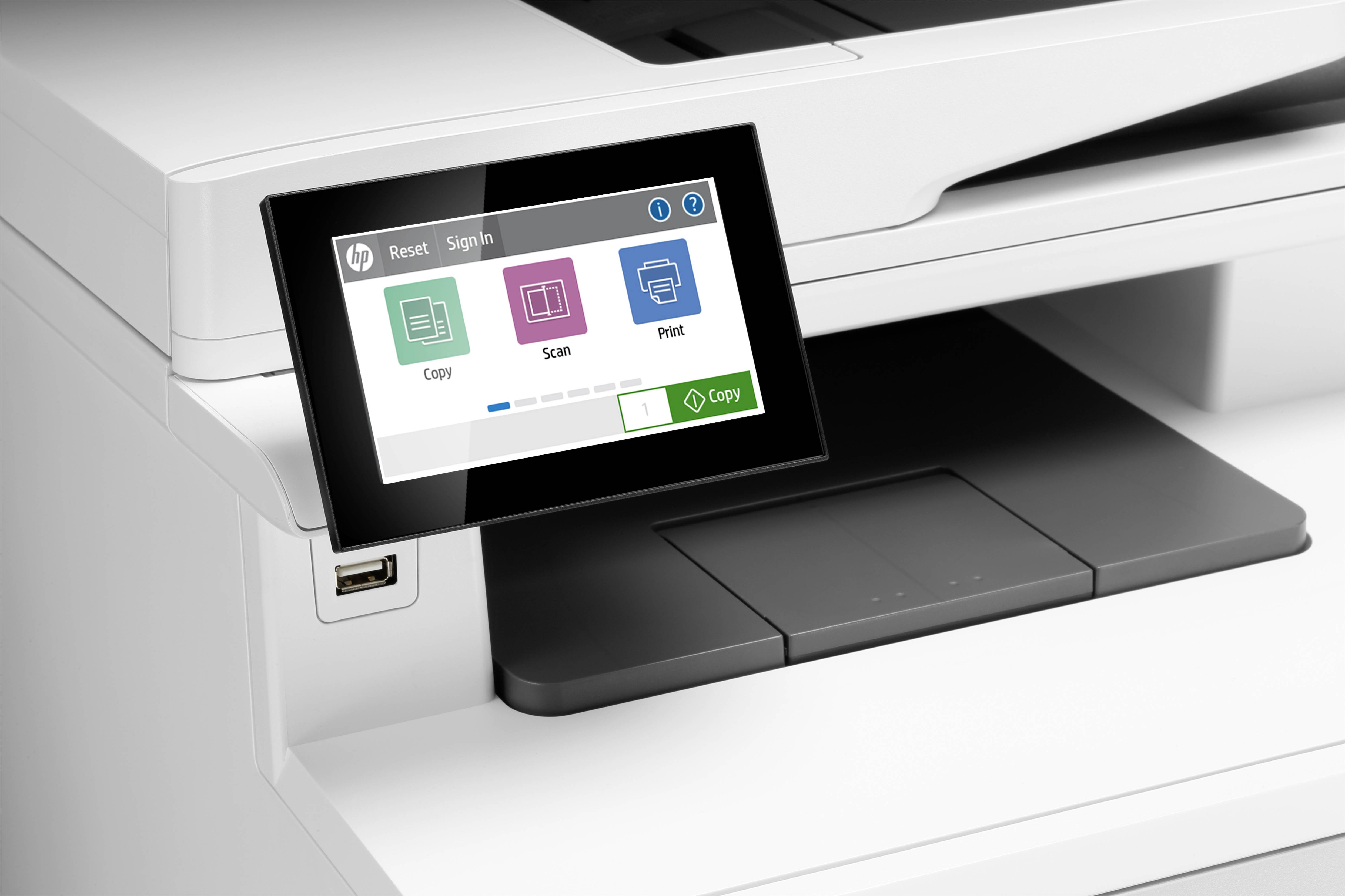 Een printer met touchscreen; toont opties voor 'Kopiëren', 'Scannen' en 'Printen'. Het scherm biedt intuïtieve bediening.