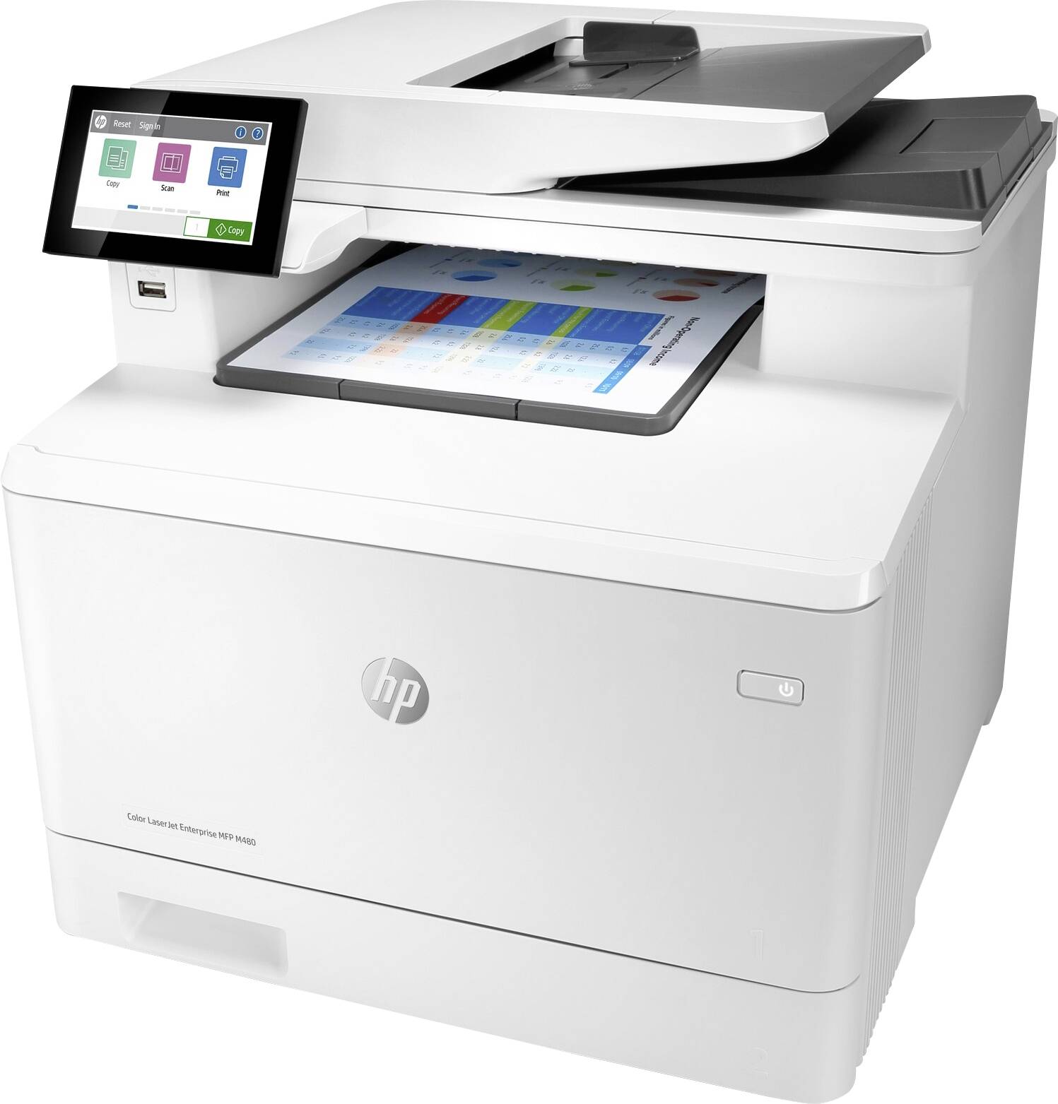 Een witte multifunctionele printer met een kleurenscherm aan de linkerkant. Er wordt momenteel een gekleurde pagina afgedrukt.