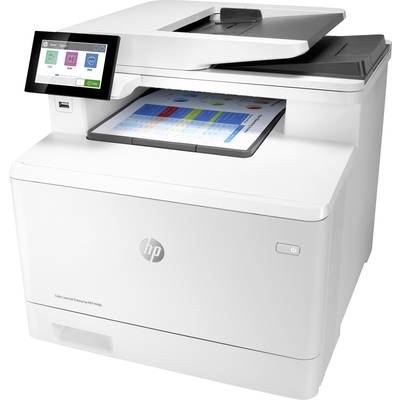 Een witte multifunctionele printer met een kleurenscherm aan de linkerkant. Er wordt momenteel een gekleurde pagina afgedrukt.