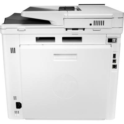 Een witte multifunctionele printer met bedieningselementen bovenaan, meerdere papierlade's en aansluitingsmogelijkheden aan de rechterkant.
