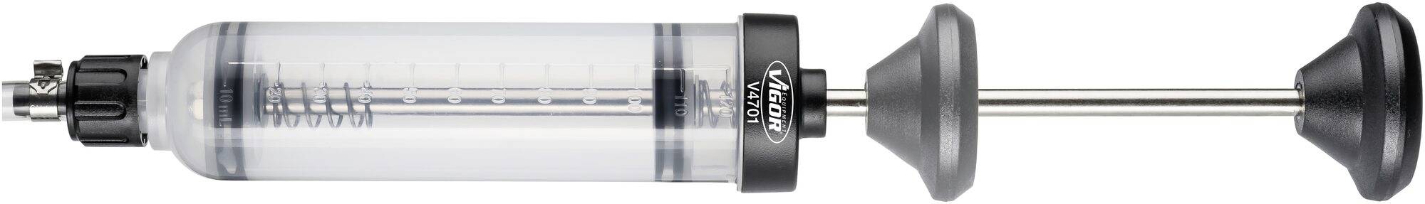 'Gourmet' injectiespuit van transparant kunststof en metaal voor culinaire toepassingen, met maatschaal en robuuste zuiger.