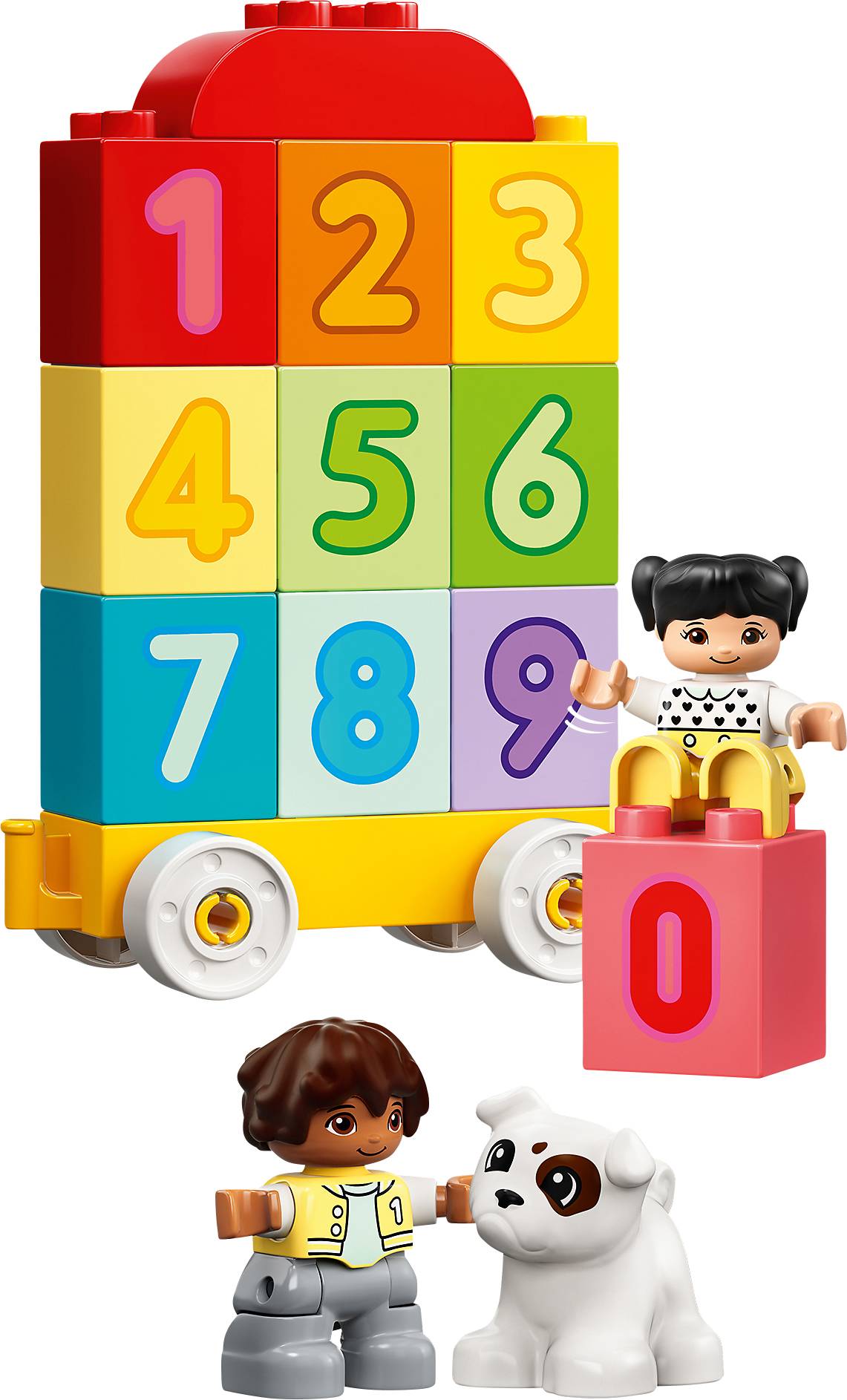Twee Lego-poppetjes spelen met een kleurrijke getallentrein waarop de cijfers 0 tot 9 staan. Een hond zit naast hen.