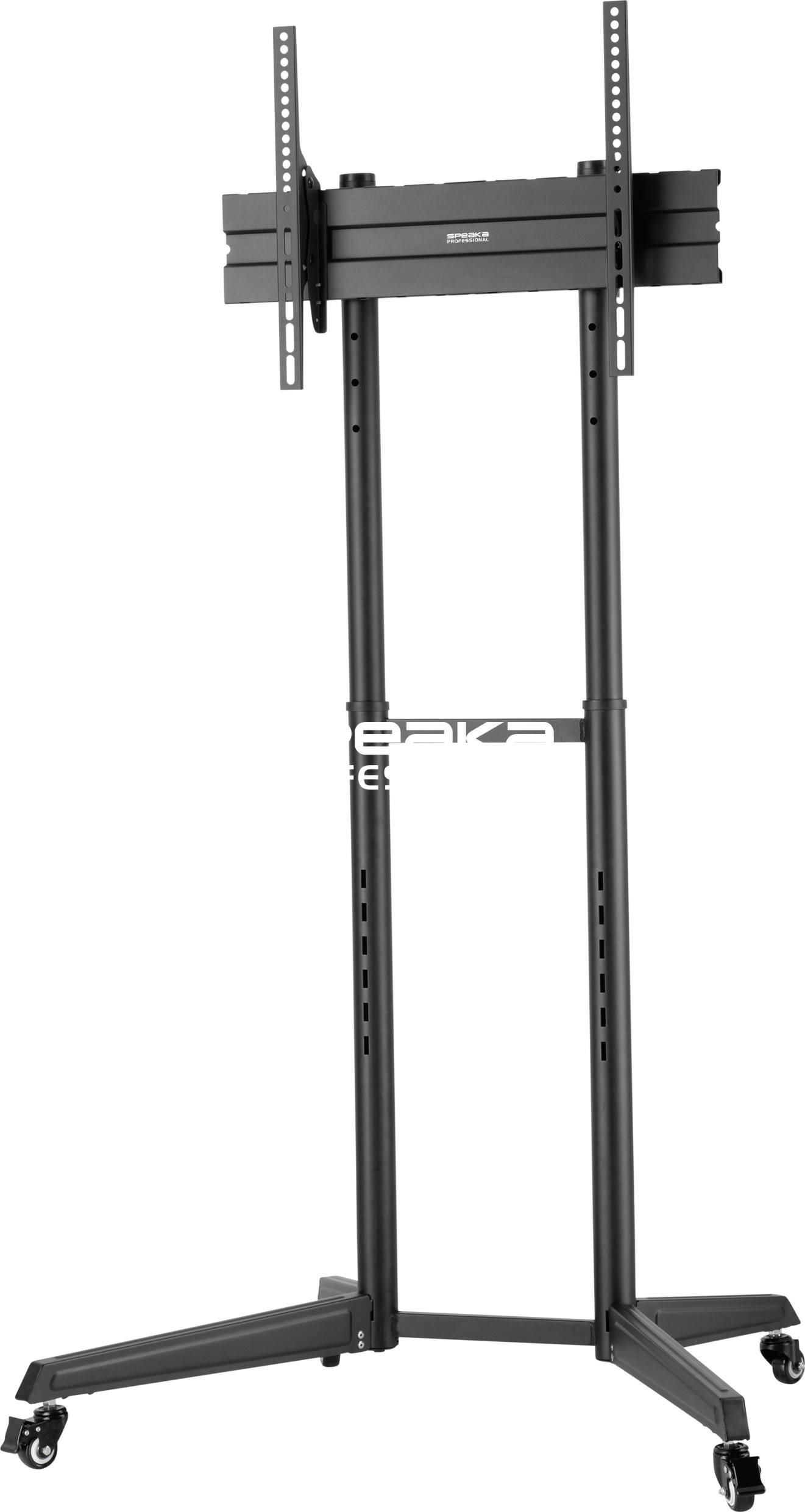 Zwarte, in hoogte verstelbare tv-trolley met wielen en een stabiele basis, geschikt voor het presenteren van schermen van verschillende formaten.