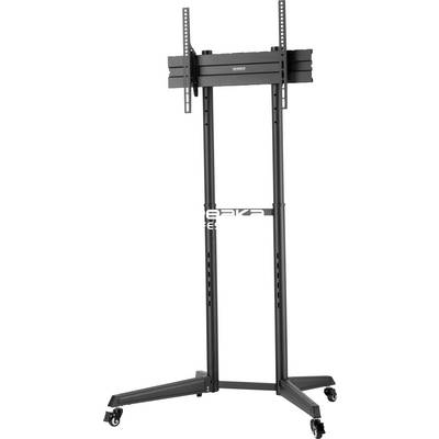 Zwarte, in hoogte verstelbare tv-trolley met wielen en een stabiele basis, geschikt voor het presenteren van schermen van verschillende formaten.