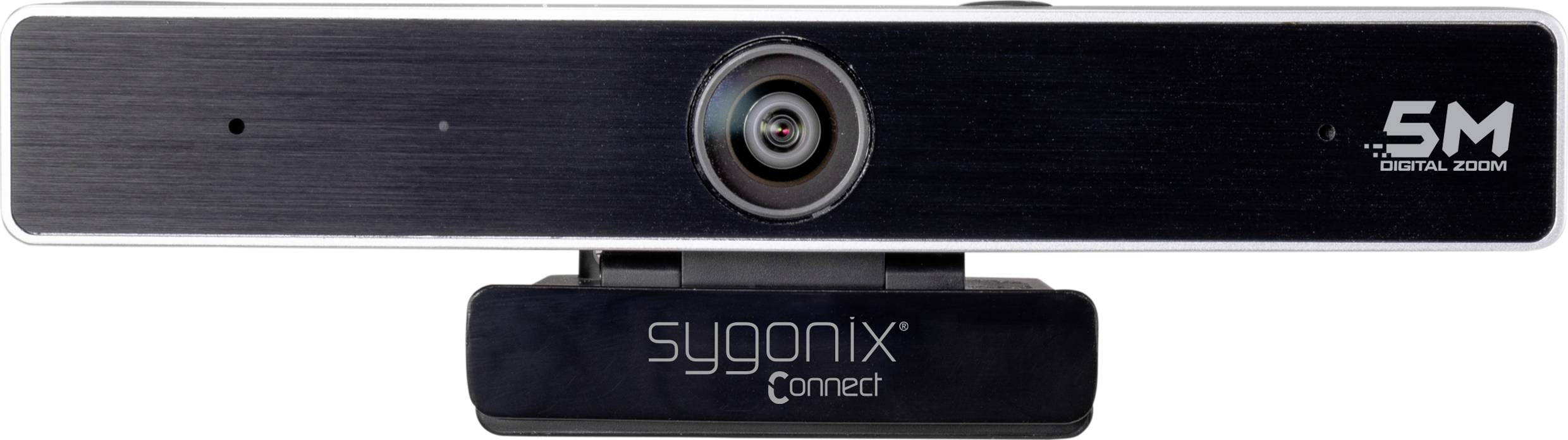 Een zwarte webcam met de opschriften '5M Digitale Zoom' en 'sygonix Connect', met een groot objectief in het midden.