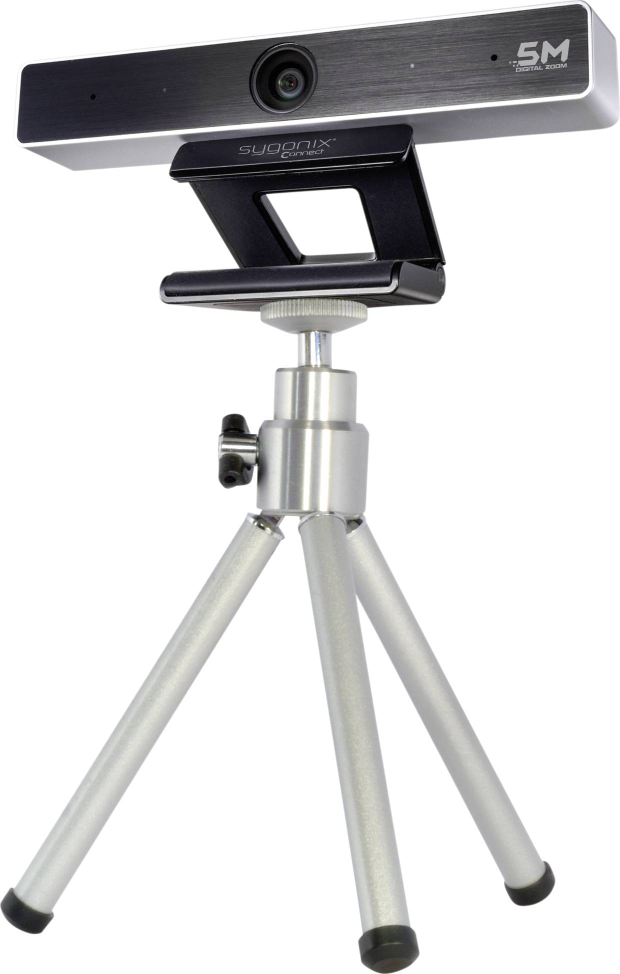 Een zwarte webcam met een '5M'-label op een zilveren statief. Ideaal voor videoconferenties of online streaming.
