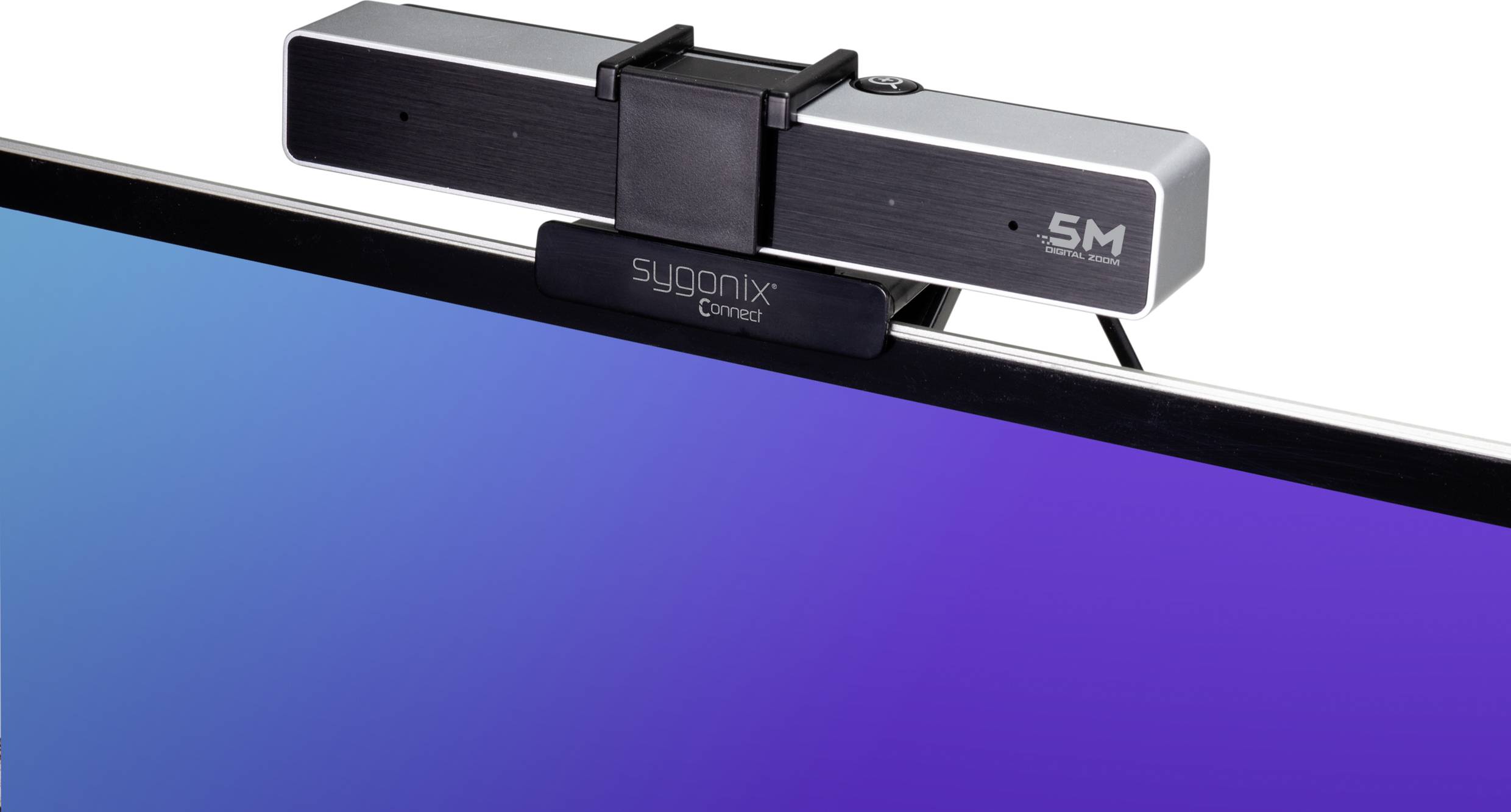 Webcam, zilver en zwart, bevestigd aan een flatscreen. Opschrift: '5M' en 'sygonix Connect'.
