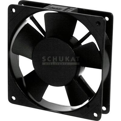 Zwarte axiale ventilator met vijf bladen, geschikt voor koelingstoepassing in elektronische apparaten.