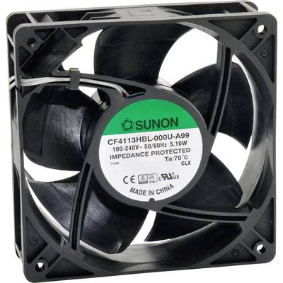 Een zwarte ventilator met vijf schoepen. In het midden een sticker met de tekst 'CF4113HBL-000U-A99'. Spanning 100-240V.
