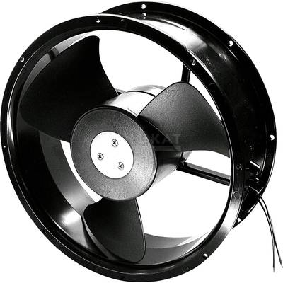 Een zwarte ventilator met vier vleugels, geschikt voor industriële toepassingen. Kabels hangen aan de zijkant naar beneden.