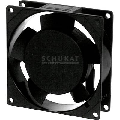 Industriële ventilator met vierkante lijst en zeven schoepen, monteerbaar aan vier hoeken. Geschikt voor ventilatiesystemen.