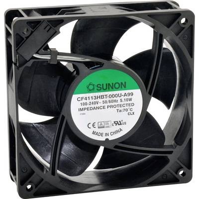 Een zwarte ventilator met vier vleugels. Op het etiket staan technische specificaties: '100-240V, 50/60Hz, 5.10W'.
