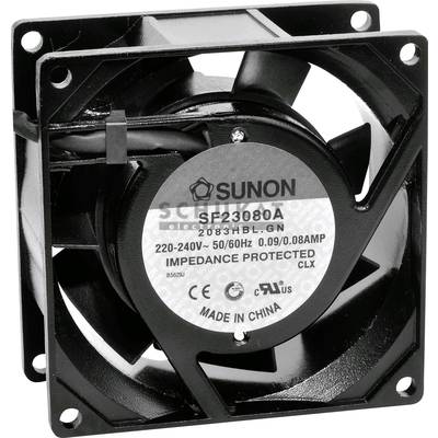 Een zwarte ventilator met het label 'SF23080A, 220-240V, 50/60Hz, 0,09/0,08A'. Geproduceerd in China, van het merk Sunon.