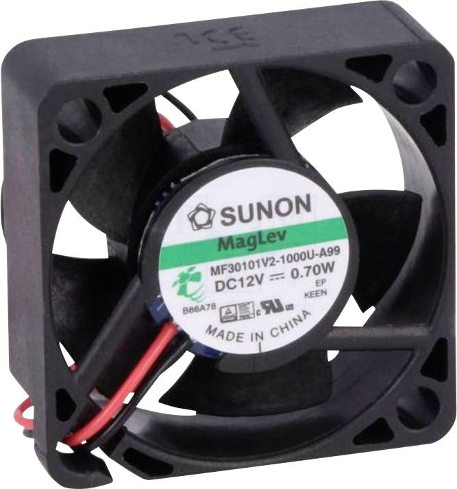 Een vierkante zwarte ventilator met het label 'SUNON MagLev' en specificaties 12V, 0,70W. Rode en zwarte draden zijn aangesloten.