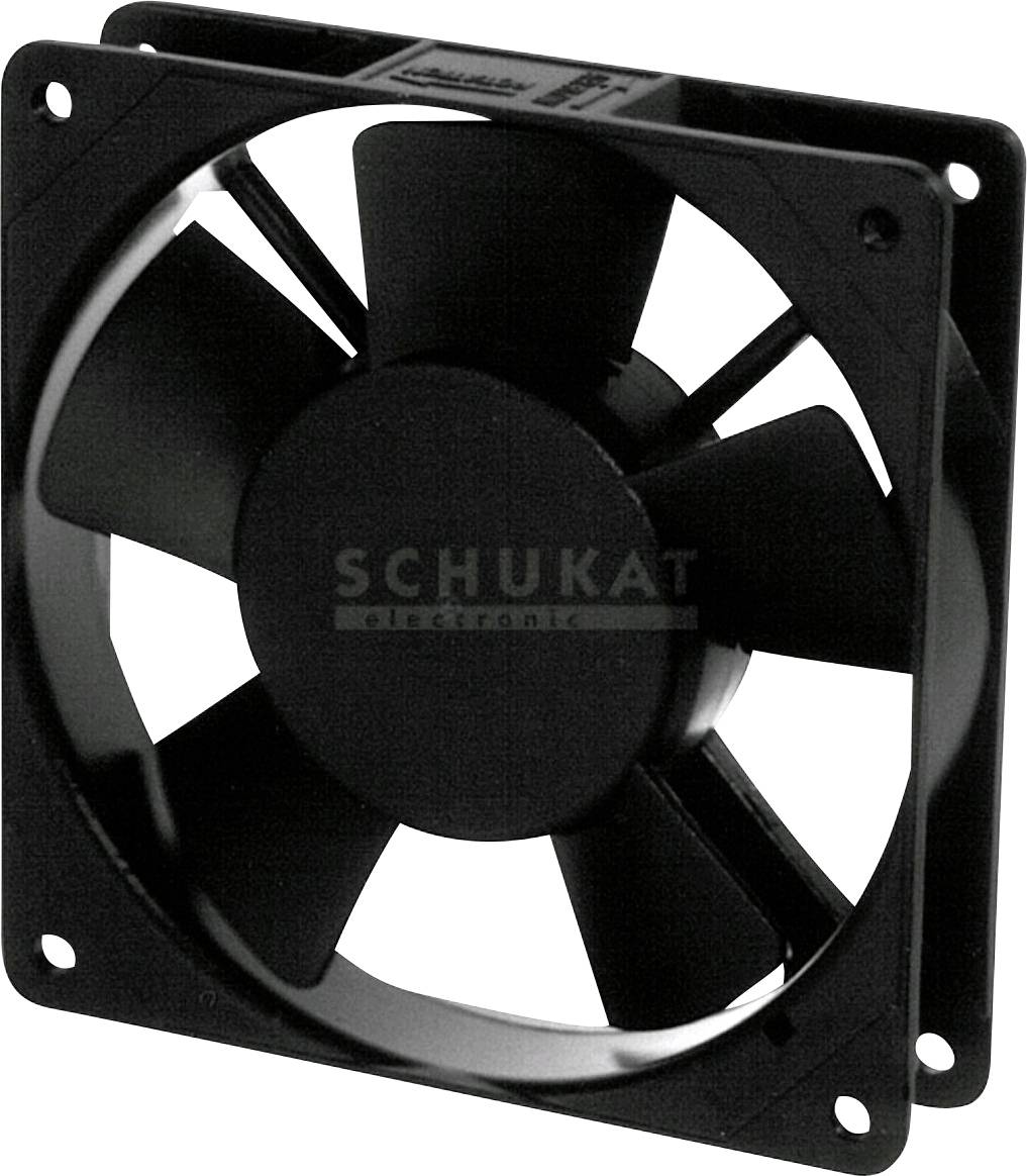 Een zwarte, vierkante ventilator met vijf bladen, gemonteerd in een metalen frame.