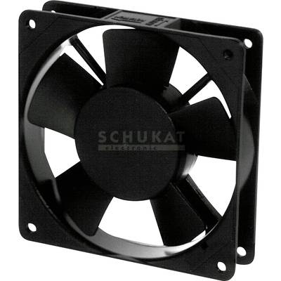 Een zwarte, vierkante ventilator met vijf bladen, gemonteerd in een metalen frame.