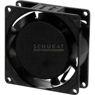 Een zwarte, vierkante ventilator met centrale rotor, geschikt voor elektronische apparaten. Merknaam 'Schukat' is zichtbaar.