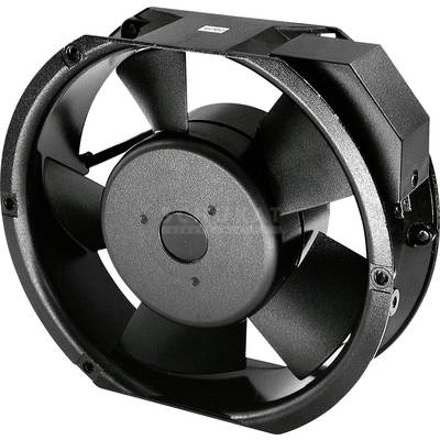 Zwarte ventilator met vijf schoepen in een robuste behuizing, zijdelings geopend, voor gebruik in industriële toepassingen.