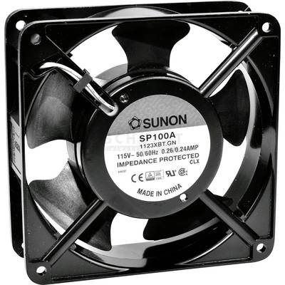 Een zwarte ventilator van Sunon, model SP100A, ontworpen voor 115V. Geproduceerd in China. 50/60Hz, 0,26/0,24A, 'IMPEADANCE PROTECTED'.