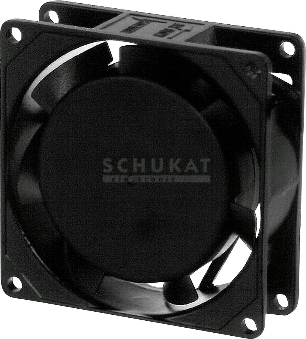 Een zwarte ventilator met vier bevestigingsgaten in de hoeken. Op de voorkant is het logo 'SCHUKAT' zichtbaar.