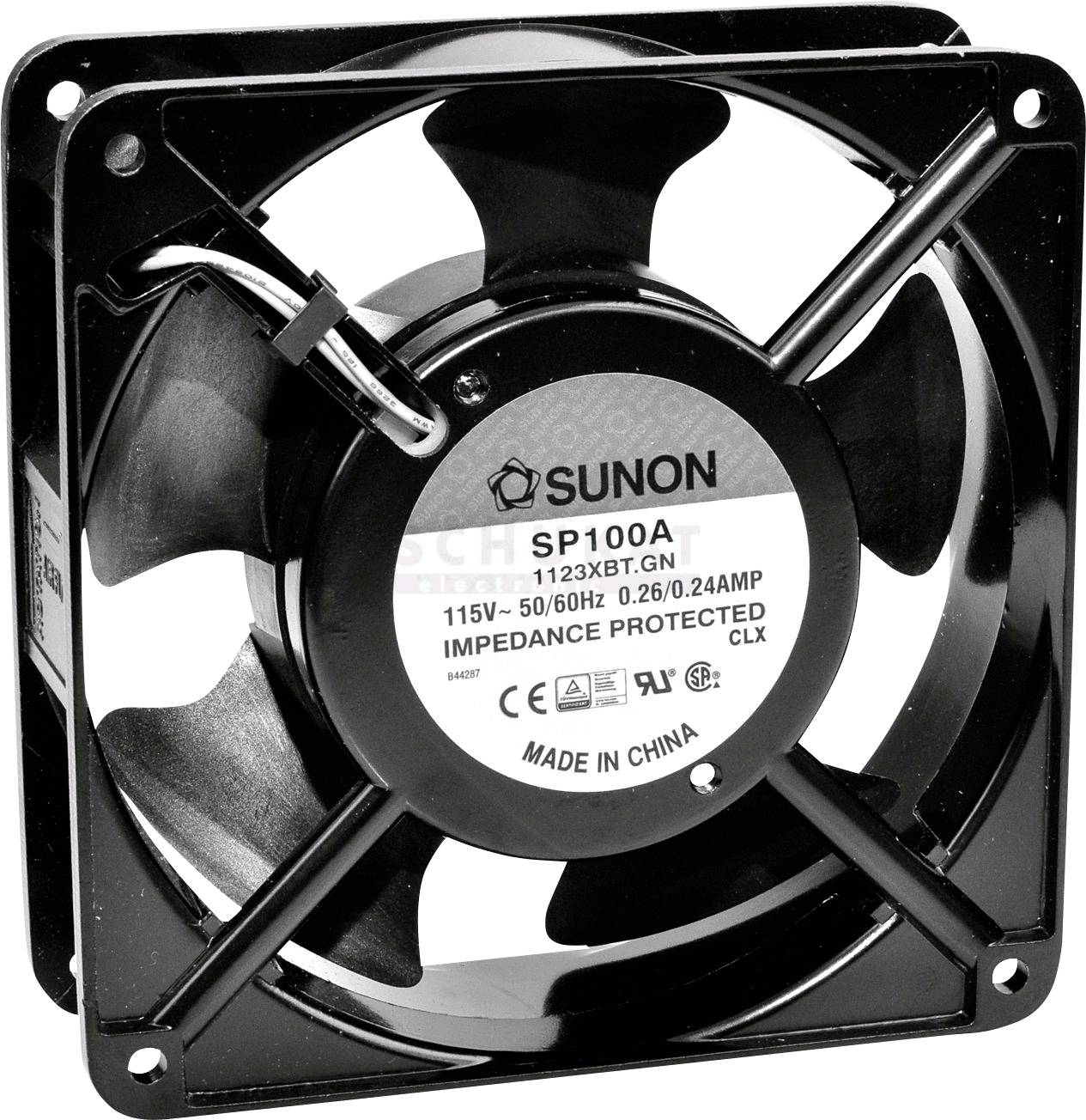 Een zwarte ventilator met het opschrift 'SUNON SP100A', spanning van 115V, 50/60Hz, vermogen 0,26/0,24A, gefabriceerd in China.