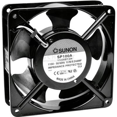 Een zwarte ventilator met het opschrift 'SUNON SP100A', spanning van 115V, 50/60Hz, vermogen 0,26/0,24A, gefabriceerd in China.