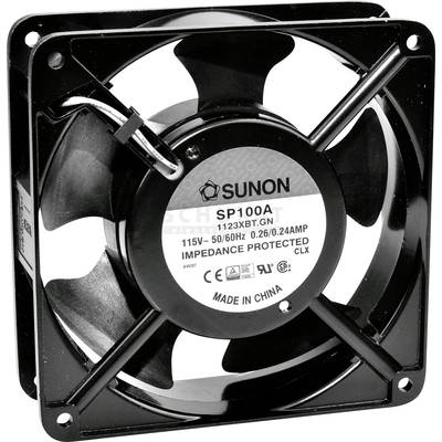 Een zwarte ventilator met vier bladen en een sticker met de tekst 'SUNON SP100A 115V 50/60Hz'.
