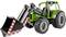 Groene tractor met voorlader en grote banden, gefotografeerd van opzij. Op de schep staat 'Carson 7347'.