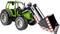Speelgoedtractor met een groene carrosserie en een grote zwarte schep met rode strepen, modelaanduiding 'Carson 7347' op de schep.