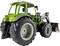 Een groene speelgoedtractor met grote wielen en voorlader. Ideaal voor kinderen in rollenspel op de boerderij.