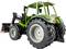 Een groene speelgoedtractor met grote zwarte banden en een voorlader staat op een wit oppervlak.