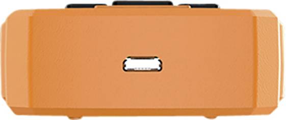 Een oranje apparaat met een centrale USB-aansluiting.