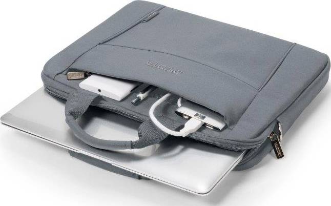 Een grijze laptoptas met rits, die gedeeltelijk geopend is. Een laptop en een oplader zijn zichtbaar.