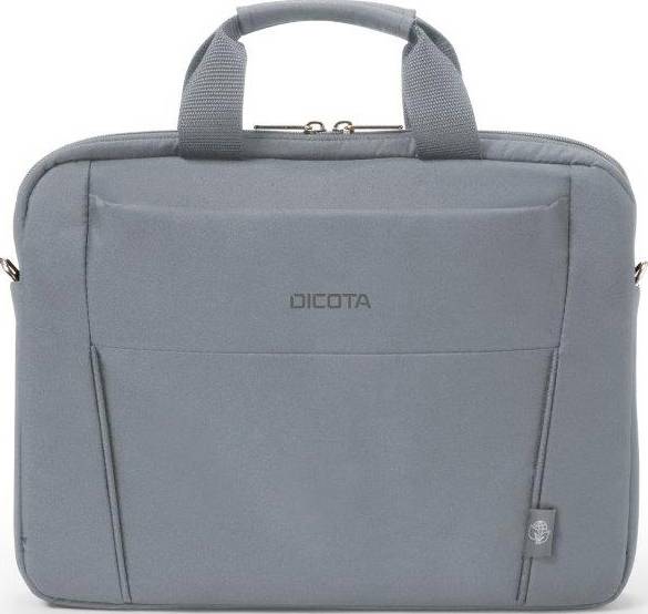 Een grijze laptoptas met handgrepen en een ritssluiting. Op de voorkant is het logo 'DICOTA' zichtbaar.