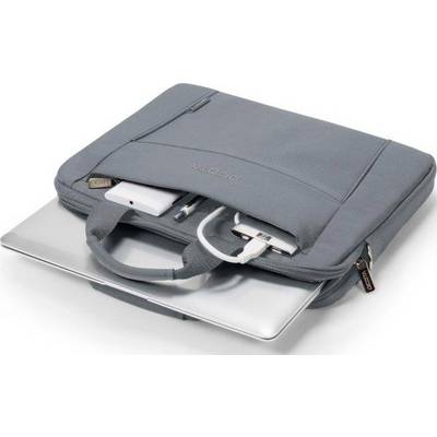 Grijze laptoptas met rits, met een apart vak voor kabels en toebehoren. Een laptop is gedeeltelijk erin opgeborgen.
