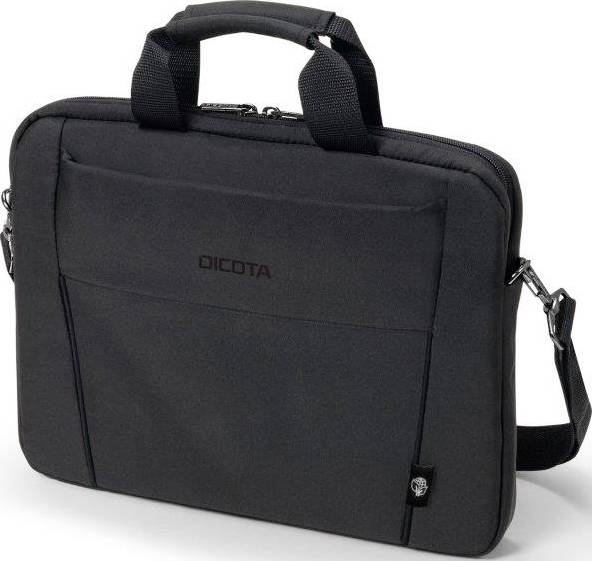 Zwarte laptoptas met handgreep en schouderband, voorzien van het merkenlogo 'Dicota'.
