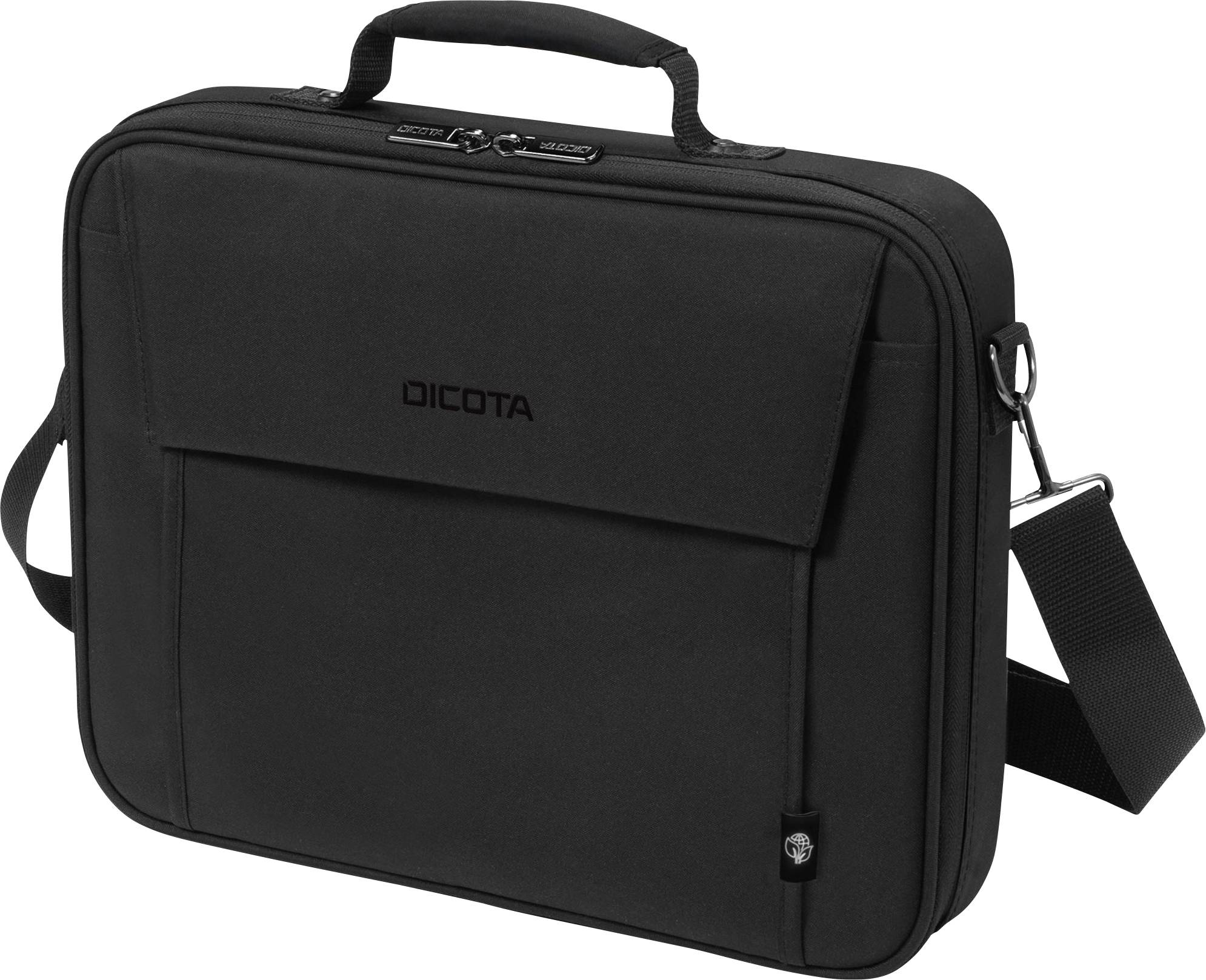 Een zwarte laptoptas met handgreep en schouderband, waarop 'DICOTA' staat. De tas heeft meerdere vakken en is gesloten.