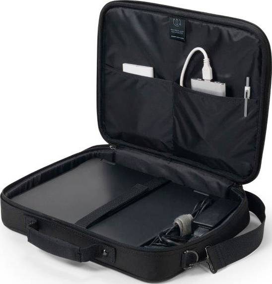 Open zwarte laptoptas met vakken en compartimenten voor kabels en toebehoren.