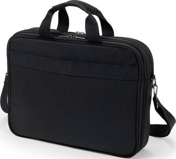 Een zwarte laptoptas met handgreep en schouderband, geschikt voor het veilig vervoeren van laptops of documenten.