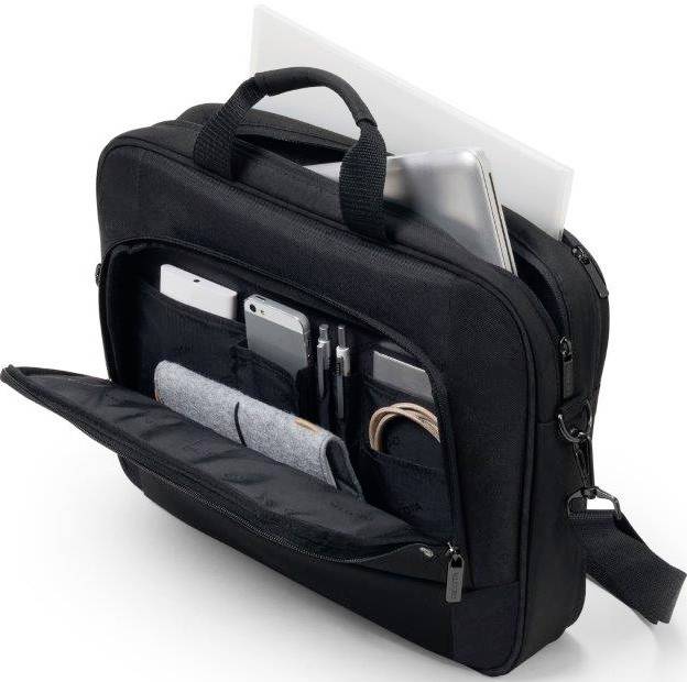 Zwarte laptoptas met geopend vak, toont organizer-compartimenten met smartphone, pennen en kabels. Laptop zit in het hoofdvak.