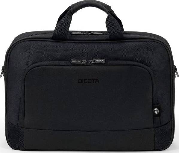 Zwarte laptoptas met draaggrepen, twee ritsen en een extra voorvak. Ruim ontwerp voor transport.