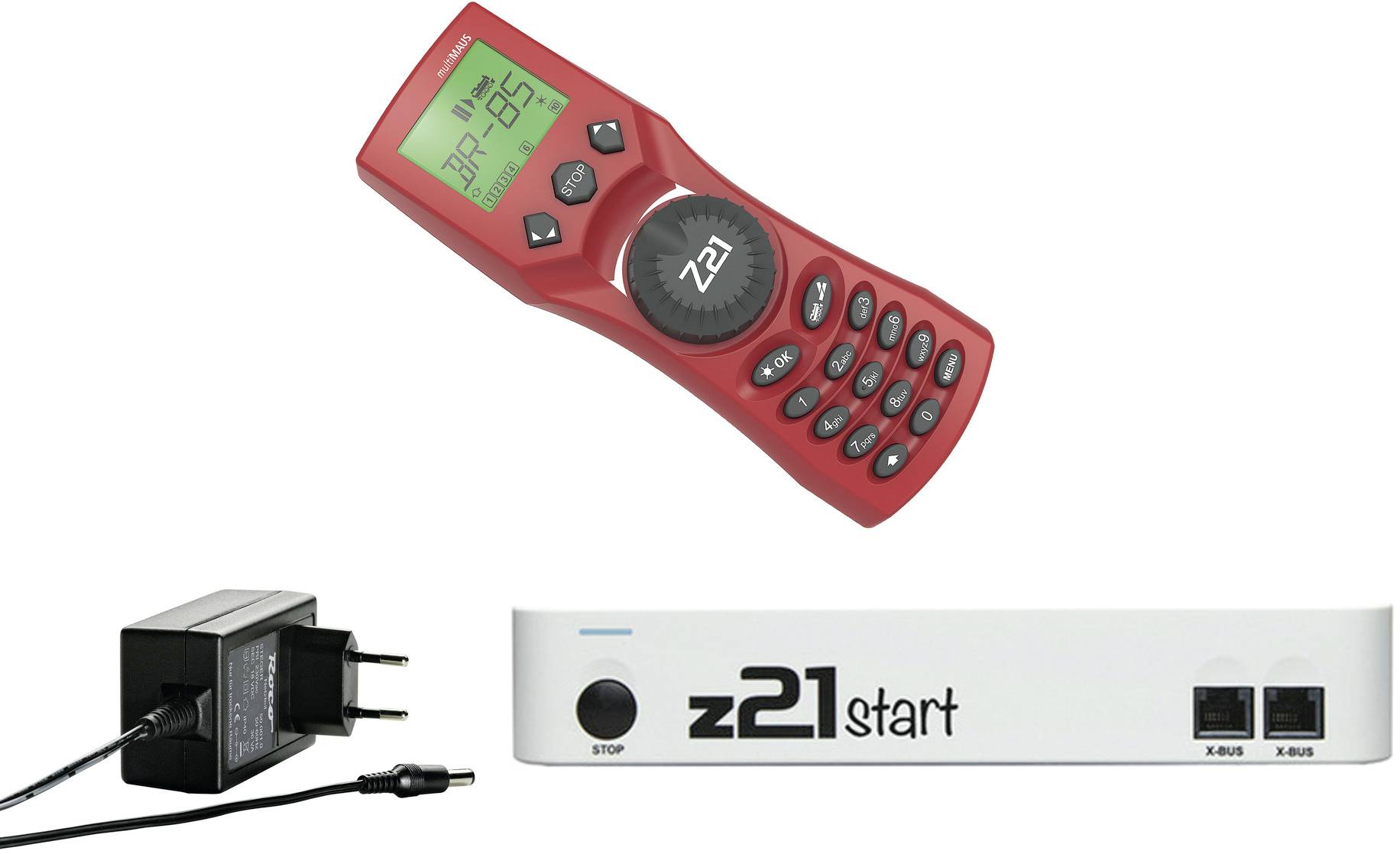 Afstandsbediening en basisstation van de modelspoorbaan besturing 'z21 start'. Rood-groene afstandsbediening en wit basisstation met bekabeling.
